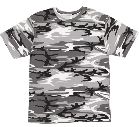 A short-sleeve crewneck t-shirt featuring an all-over gray, white, and black camouflage pattern, displayed flat against a solid white background.